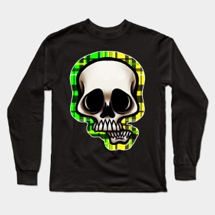 Yellow and Green Split Plaid Skull Long Sleeve T-Shirt